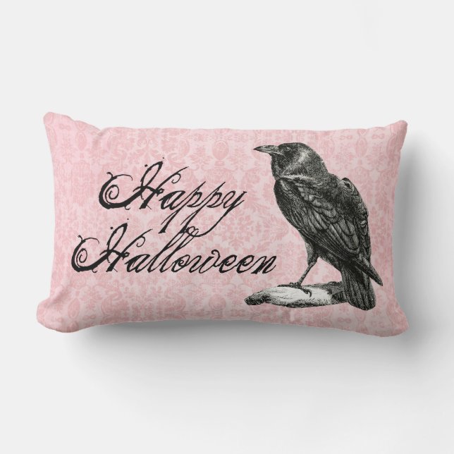 Gothic Black Raven | Rosa Damask Lendenkissen (Vorderseite)