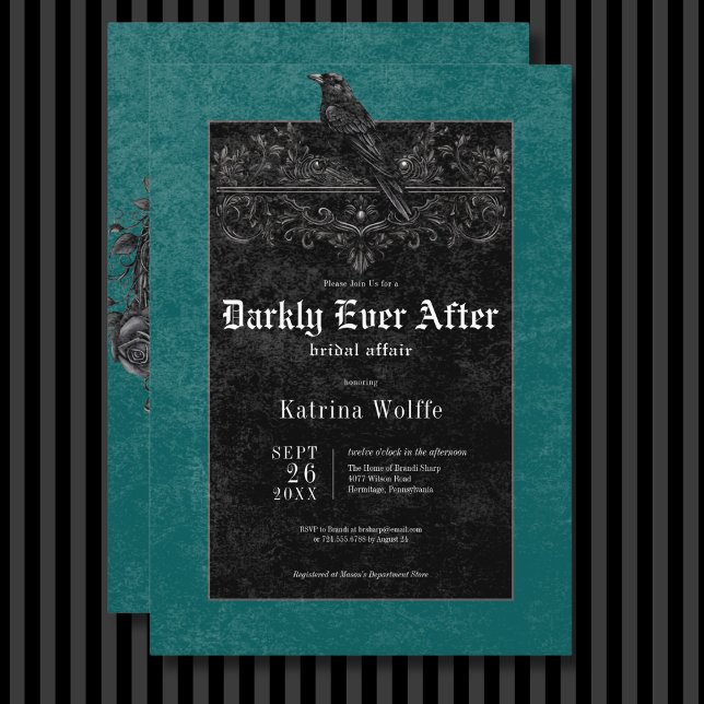 Gothic Black Raven & Rose Aquamarines Brautparty Einladung (Gothic Black Raven & Roses Teal Bridal Shower Invitation)