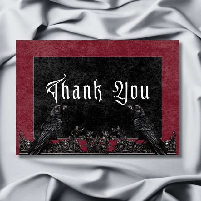 Gothic Black Raven & Rose Burgundy Wedding Dankeskarte (Gothic Black Raven & Roses Burgundy Wedding Thank You Card)