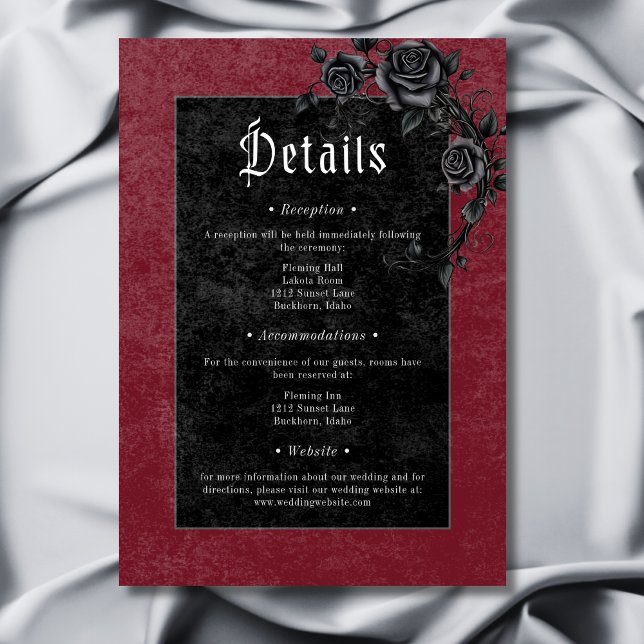 Gothic Black Raven Rose Burgundy Wedding Details Begleitkarte (Gothic Black Raven Roses Burgundy Wedding Details Enclosure Card)