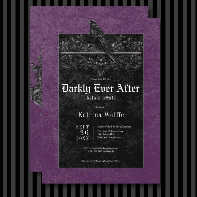 Gothic Black Raven & Rose Lila Brautparty Einladung (Gothic Black Raven & Roses Purple Bridal Shower Invitation)