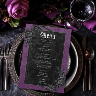 Gothic Black Raven & Rose Lila Hochzeit Menükarte