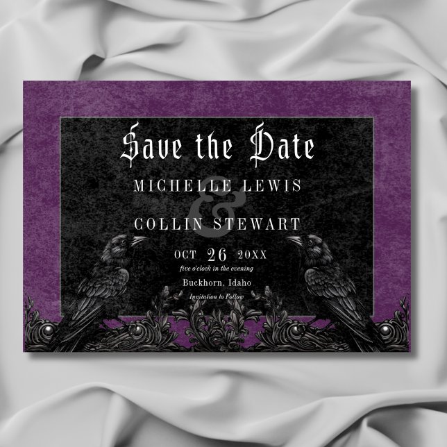 Gothic Black Raven & Rose Lila Hochzeit Save The Date (Gothic Black Raven & Roses Purple Wedding Save The Date)