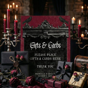 Gothic Black Raven & Roses Burgunder Hochzeitsgesc Sockelschild