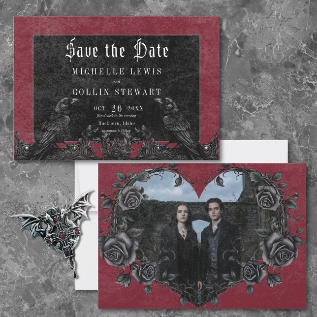 Gothic Black Raven & Roses Burgundy Photo Wedding Save The Date (Gothic Black Raven & Roses Burgundy Wedding Photo Save The Date)