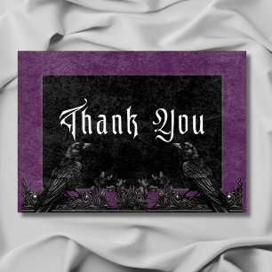 Gothic Black Raven & Roses Lila Hochzeit Dankeskarte