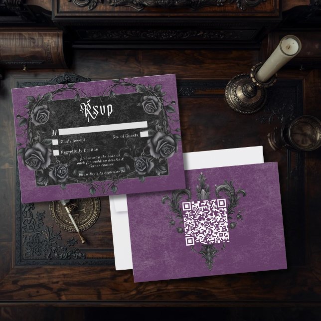 Gothic Black Raven & Roses Lila QR Code RSVP Karte (Von Creator hochgeladen)