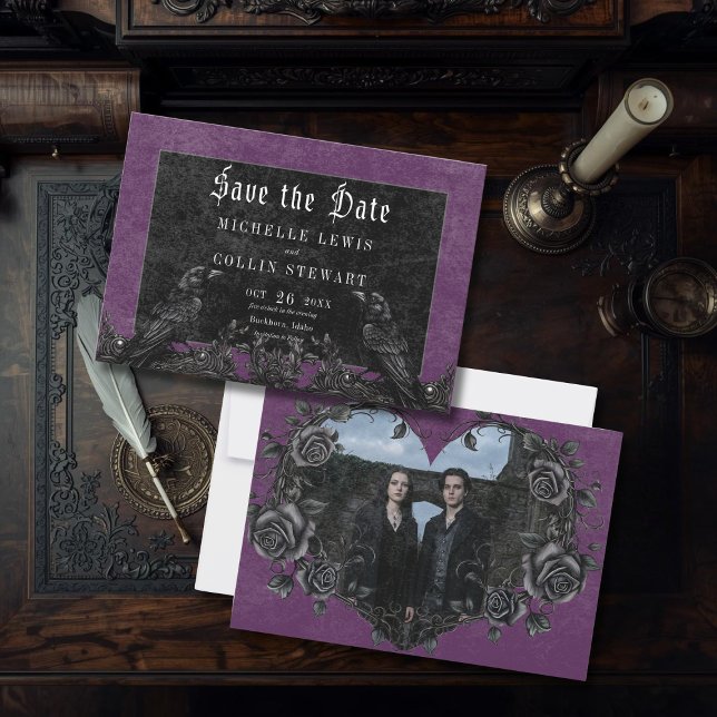 Gothic Black Raven & Roses Purple Photo Wedding Save The Date (Von Creator hochgeladen)