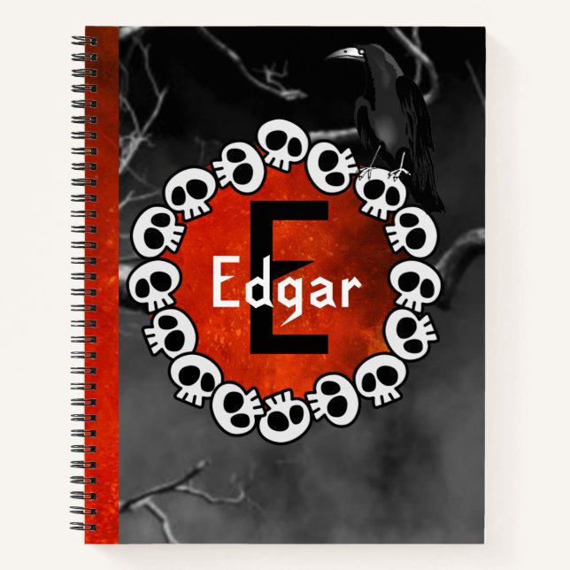 Gothic Black Raven Skulls Orange Moon Personalisie Notizbuch (Vorderseite)