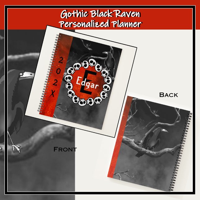 Gothic Black Raven Skulls Orange Moon Personalized Planer (For fans of the dark and dreary. Personalized, monogrammed notebook with a foggy night background.)