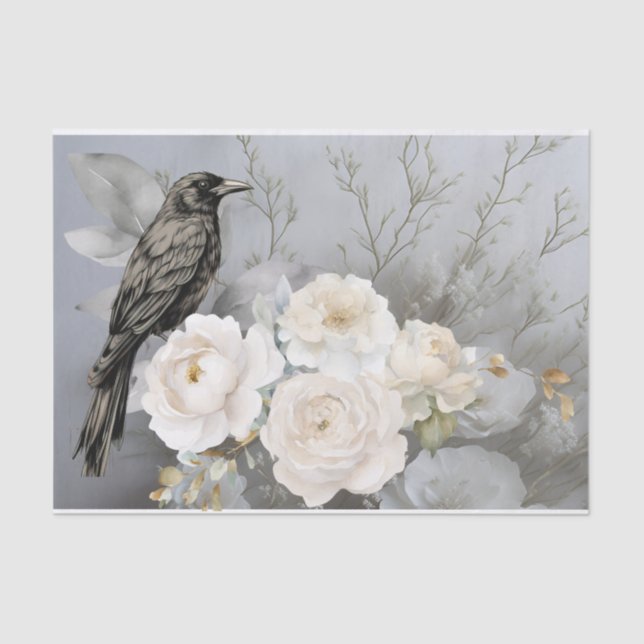 Gothic Black Raven White Flowers  Seidenpapier (Vorderseite)