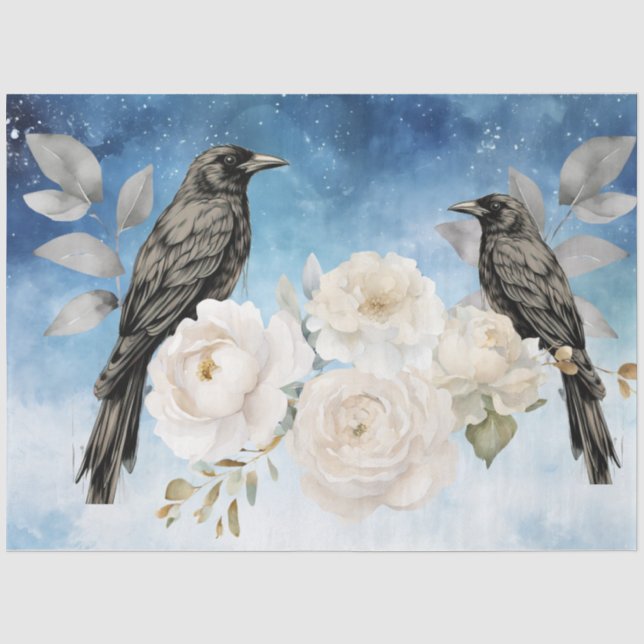 Gothic Black Ravens & Weiße Blumen  Seidenpapier (Vorderseite)