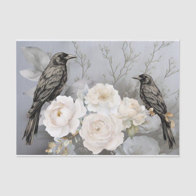 Gothic Black Ravens & Weiße Blumen  Seidenpapier (Vorderseite)