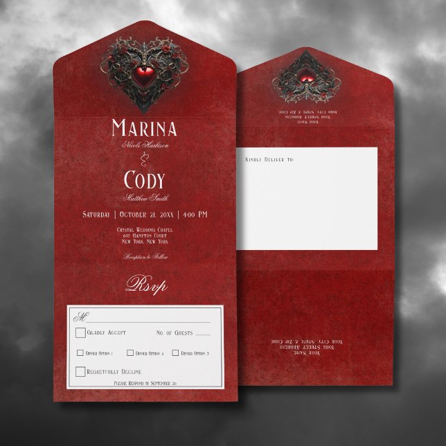 Gothic Black & Red Filigree Heart Red Dinner All In One Einladung (Gothic Black & Red Filigree Heart Red All In One Wedding Invitation with Dinner Options)