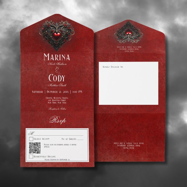 Gothic Black & Red Filigree Herz Red QR Code All In One Einladung (Gothic Black & Red Filigree Heart Red All In One Wedding Invitation with QR Code)