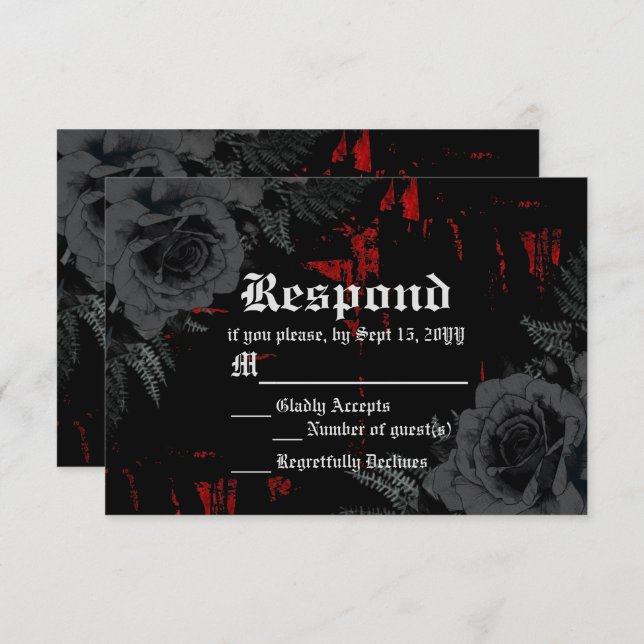 Gothic Black Red Grunge Textured | Schwarze Rose RSVP Karte (Vorne/Hinten)