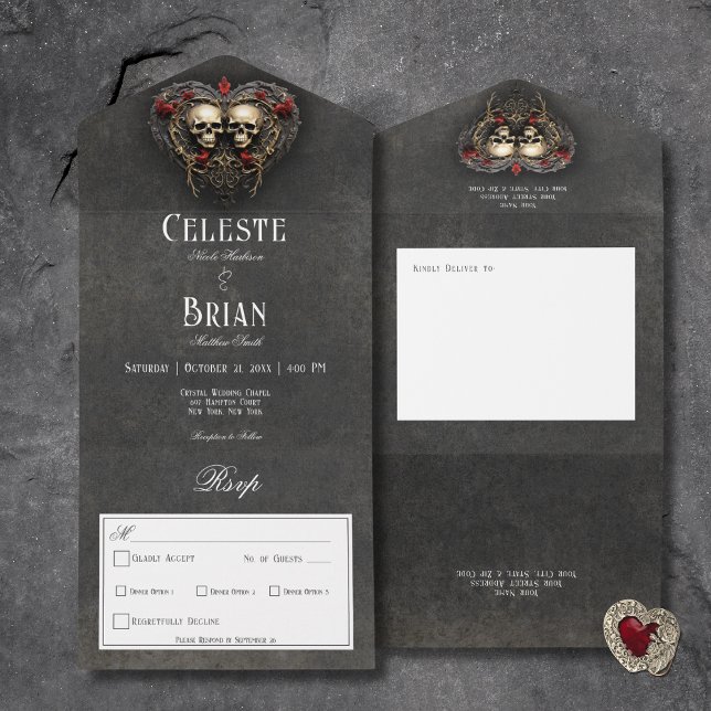 Gothic Black & Red Skulls & Heart Black Dinner All In One Einladung (Gothic Black & Red Skulls & Heart Black All In One Wedding Invitation with Dinner Options)