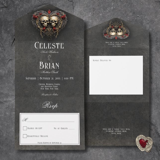 Gothic Black & Red Skulls & Heart Black No Dinner All In One Einladung (Gothic Black & Red Skulls & Heart Black All In One Wedding Invitation without Dinner Options)
