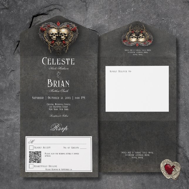 Gothic Black & Red Skulls & Heart Black QR Code All In One Einladung (Gothic Black & Red Skulls & Heart Black All In One Wedding Invitation with QR Code)