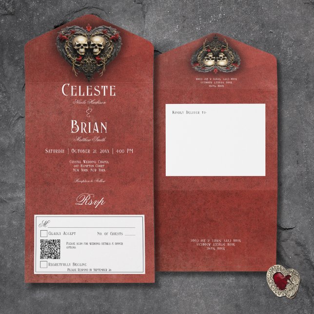 Gothic Black & Red Skulls & Heart Red QR Code All In One Einladung (Gothic Black & Red Skulls & Heart Red All In One Wedding Invitation with QR Code)