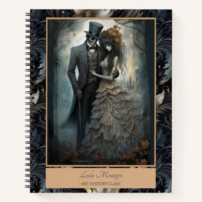 Gothic Black Romantic Skeleton Bride Groom Notizbuch (Vorderseite)