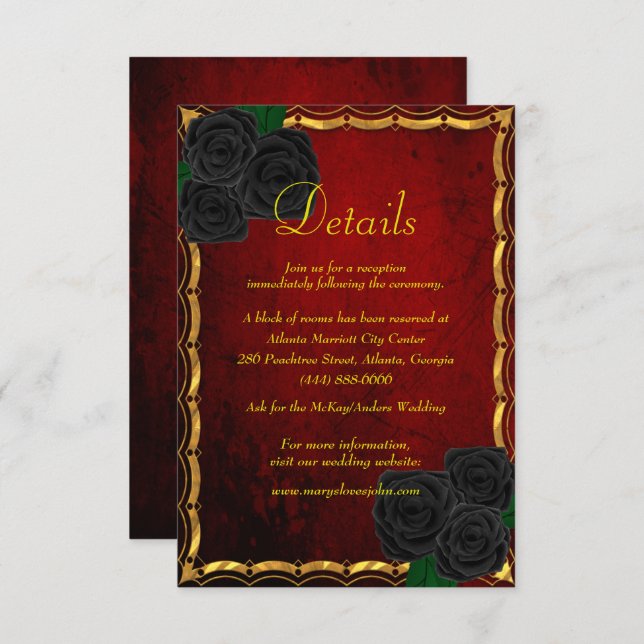 Gothic Black Rose Blood Red Wedding Details Begleitkarte (Vorne/Hinten)