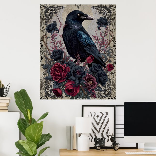 Gothic Black Rose Raven Art Poster (Heimbüro)