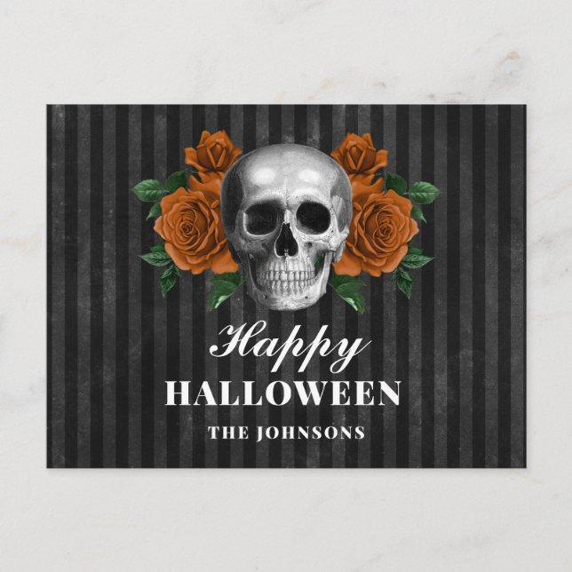 Gothic Black Rose & Skull Happy Halloween Postkarte (Vorderseite)