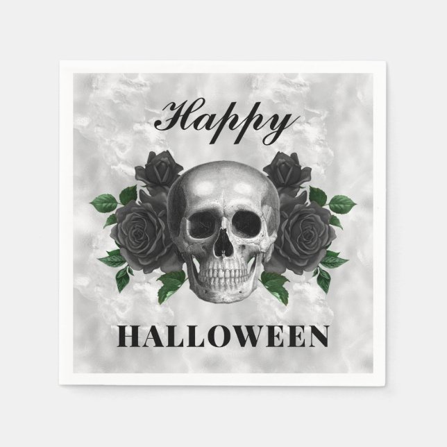 Gothic Black Rose & Skull Happy Halloween Serviette (Vorderseite)