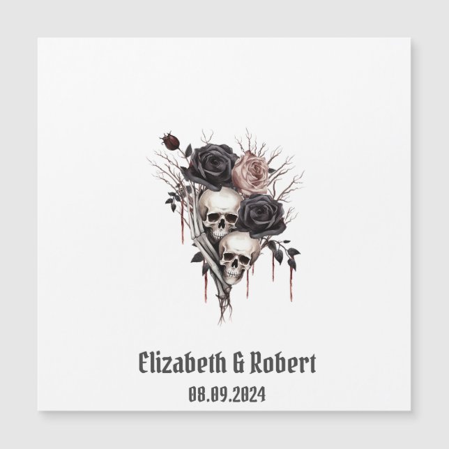 Gothic Black Rose Skulls Wedding Magnetkarte (Vorderseite)