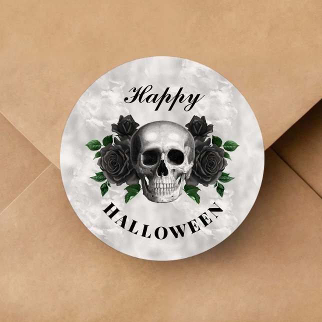 Gothic Black Rose und Skull Halloween Runder Aufkleber (Gothic Black Roses And Skull Halloween Classic Round Sticker)