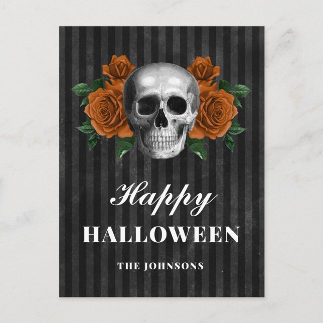 Gothic Black Rose und Skull Happy Halloween Postkarte (Vorderseite)