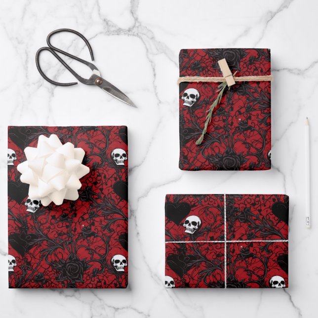 Gothic Black Roses Black Hearts and Skulls Geschenkpapier Set (Vorderseite)