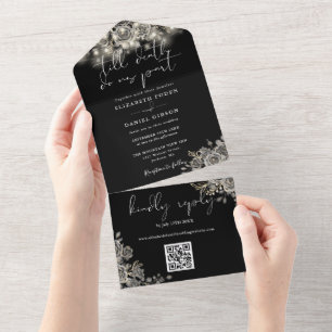 Gothic Black Roses Lichterkette QR-Code Hochzeit All In One Einladung