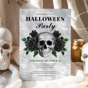 Gothic Black Roses & Skull Halloween-Party Einladung