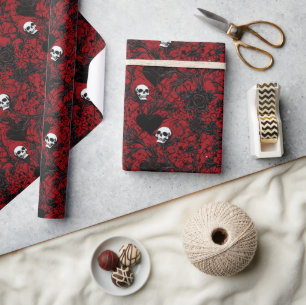 Gothic Black Roses und Totenköpfe Geschenkpapier