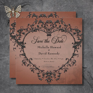 Gothic Black & Rust Filigree Heart Wedding Save The Date