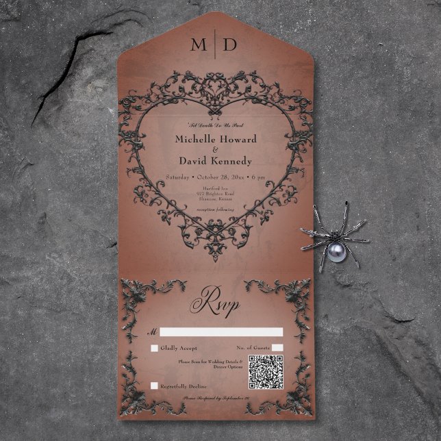 Gothic Black & Rust Filigree Herz QR Code All In One Einladung (Gothic Black & Rust Filigree Heart QR Code All In One Invitation)