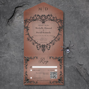 Gothic Black & Rust Filigree Herz QR Code All In One Einladung