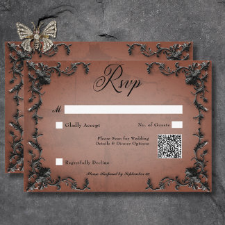 Gothic Black & Rust Filigree Herz QR Code RSVP Karte