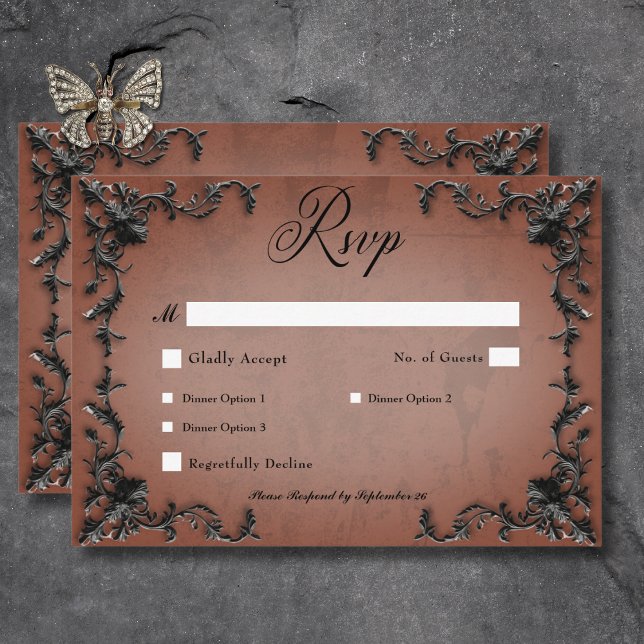 Gothic Black & Rust Filigree Herzessen RSVP Karte (Gothic Black & Rust Filigree Heart Dinner RSVP Card)