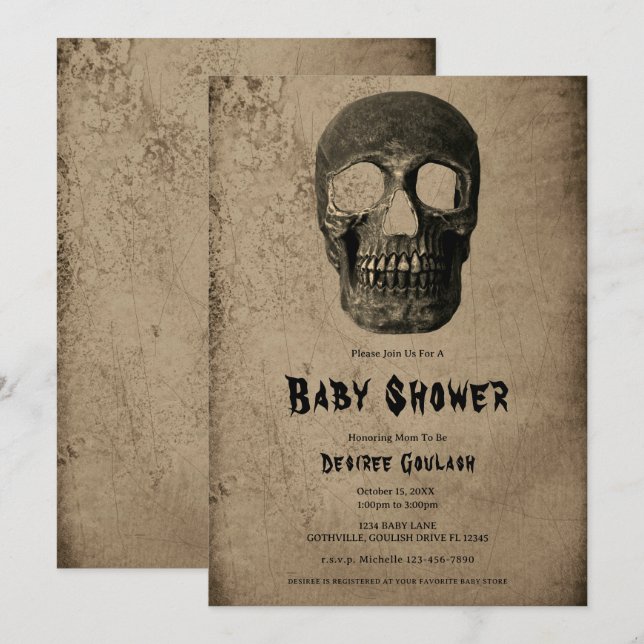 Gothic Black Skull Antique Baby Shower Invitation Einladung (Vorne/Hinten)