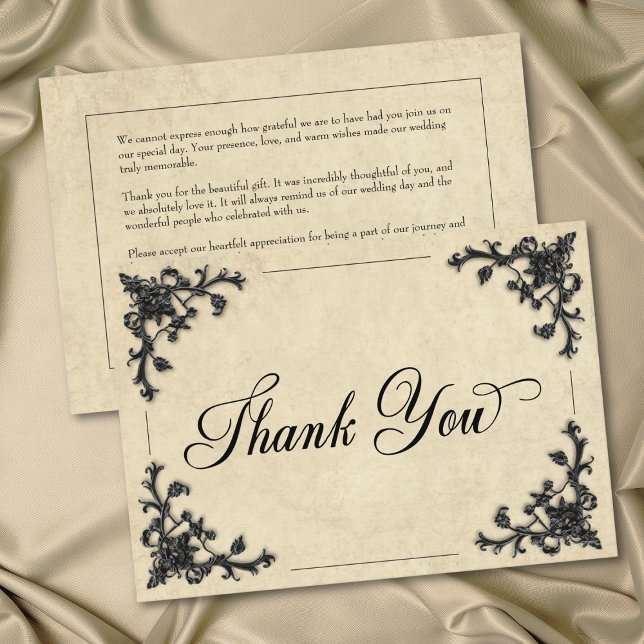 Gothic Black Tan Parchment Filigree Heart Wedding Dankeskarte (Gothic Black Tan Parchment Filigree Heart Wedding Thank You Card)