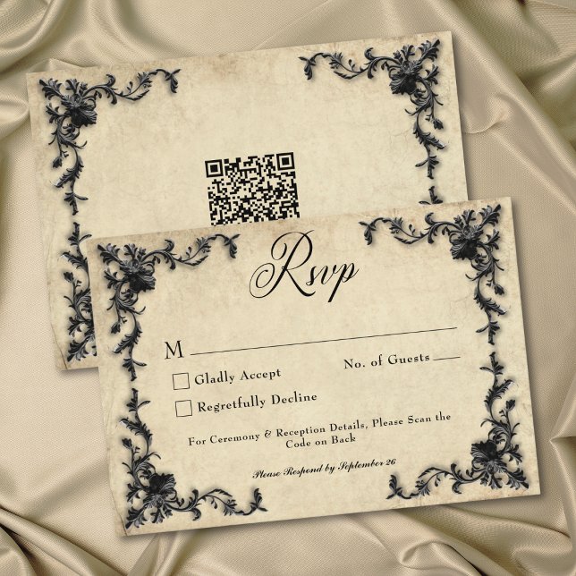 Gothic Black Tan Parchment Filigree Heart Wedding RSVP Karte (Gothic Black Tan Parchment Filigree Heart Wedding QR RSVP Card)