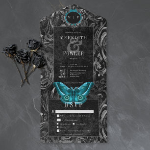 Gothic Black Türkis Filigran Motten Dinner Hochzei All In One Einladung