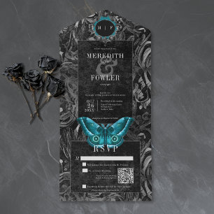 Gothic Black Türkis Filigran Motten QR-Code Hochze All In One Einladung