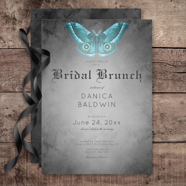 Gothic Black Watercolor Aquamarin Moth Bridal Brun Einladung (Gothic Black Watercolor Teal Moth Bridal Brunch Invitation)