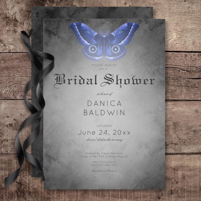 Gothic Black Watercolor Blue Moth Brautparty Einladung (Gothic Black Watercolor Blue Moth Bridal Shower Invitation)