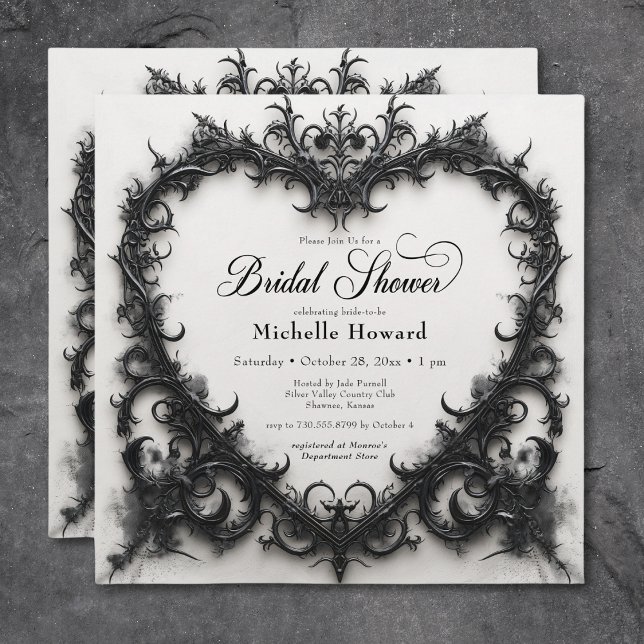 Gothic Black & White Filigree Brautparty Einladung (Gothic Black & White Filigree Heart Bridal Shower Invitation)