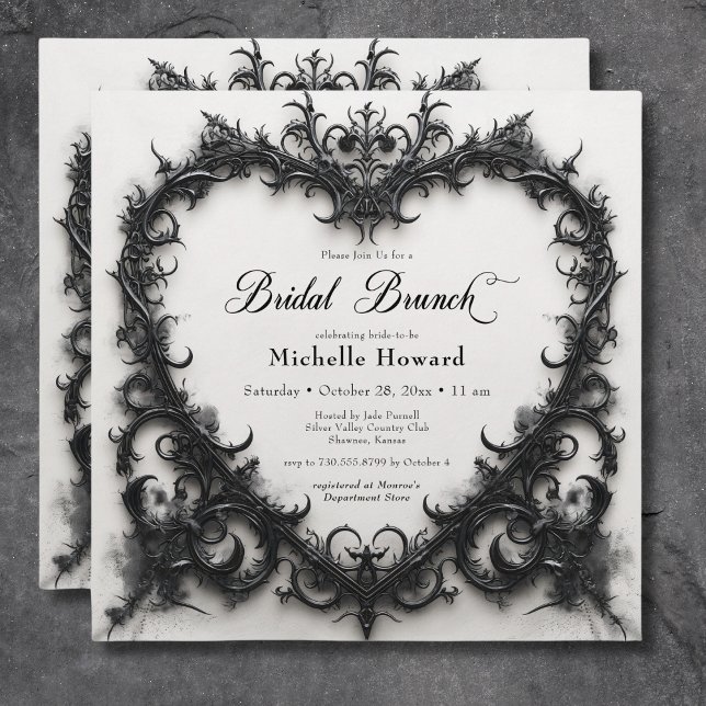 Gothic Black & White Filigree Heart Bridal Brunch Einladung (Gothic Black & White Filigree Heart Bridal Brunch Invitation)